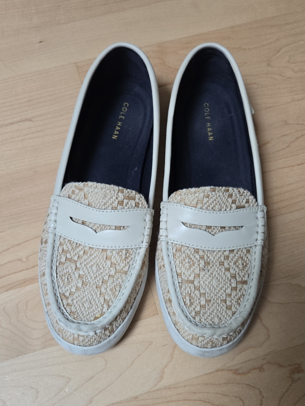 Women's Cole Haan Cream Woven Penny Loafers Grand Os